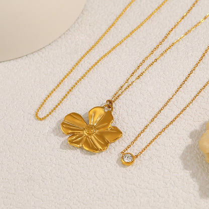 18K Gold Plated Titanium Steel Crystal Pendant Necklace | Sunflower & Round Pendant, Trendy Fashion Jewelry