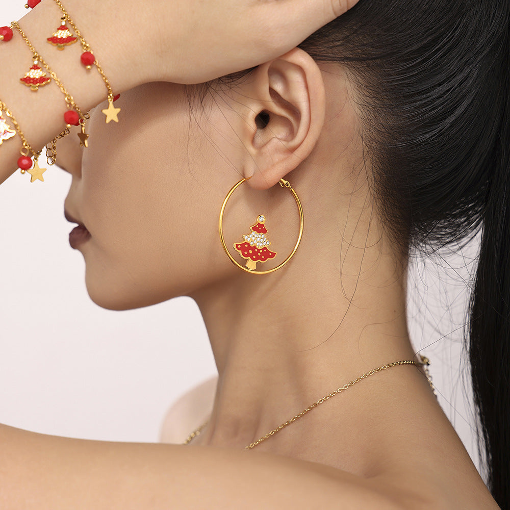 Gold Stainless Steel Christmas Tree Earrings | Zircon & Enamel Drop Hoop Holiday Jewelry – WANTI Jewelry