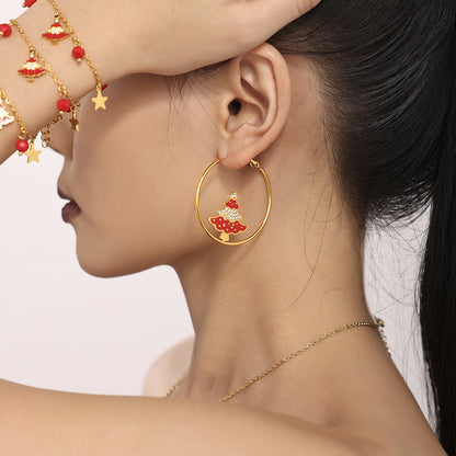 Gold Stainless Steel Christmas Tree Earrings | Zircon & Enamel Drop Hoop Holiday Jewelry – WANTI Jewelry