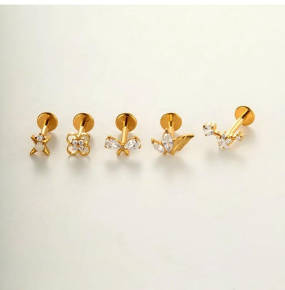 Implant Grade ASTM F136 Titanium Flat Back Stud Earrings Micro Paved CZ Cartilage Helix Tragus Piercing Jewelry Internally Threaded Labret Stud