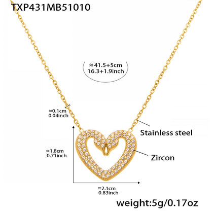 Stainless Steel Zircon Double Swan Heart Necklace, Bracelet, Ring & Earrings Jewelry Set