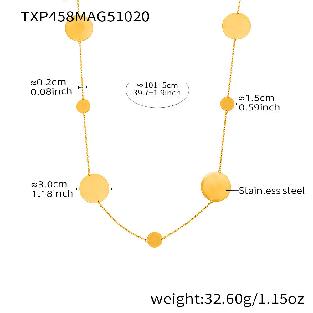 Stainless Steel Long Pendant Sweater Necklace, Drop Earrings & Ring Set – Gold Minimalist Round Disc Jewelry