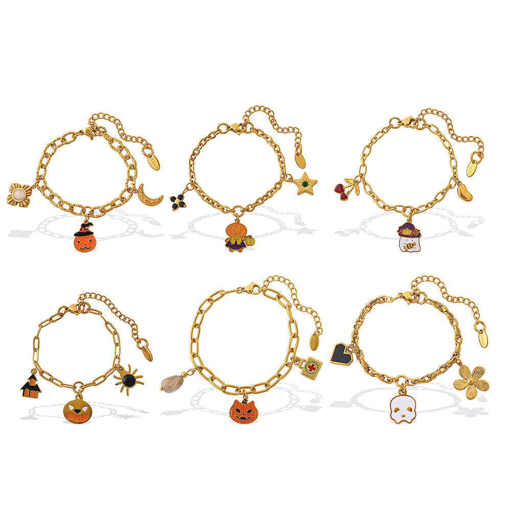 Gold-Plated Stainless Steel Halloween / Christmas Heart & Tree Tassel Pendant Bracelet | Elegant Festive Jewelry