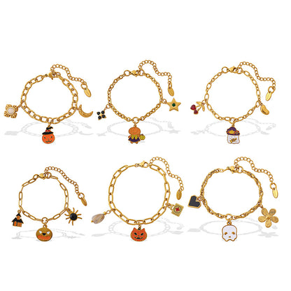 Gold-Plated Stainless Steel Halloween / Christmas Heart & Tree Tassel Pendant Bracelet | Elegant Festive Jewelry