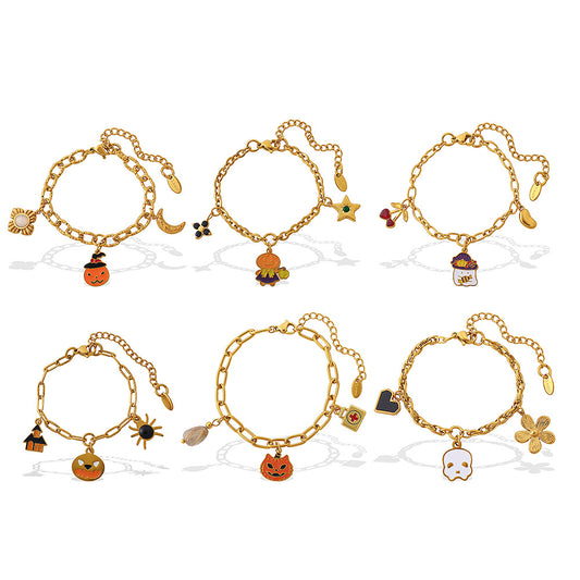 Gold-Plated Stainless Steel Halloween / Christmas Heart & Tree Tassel Pendant Bracelet | Elegant Festive Jewelry