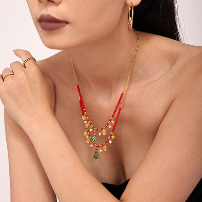 Gold Stainless Steel Christmas Tree Star Snowflake Pendant Necklace | Festive Zircon Holiday Jewelry Gift