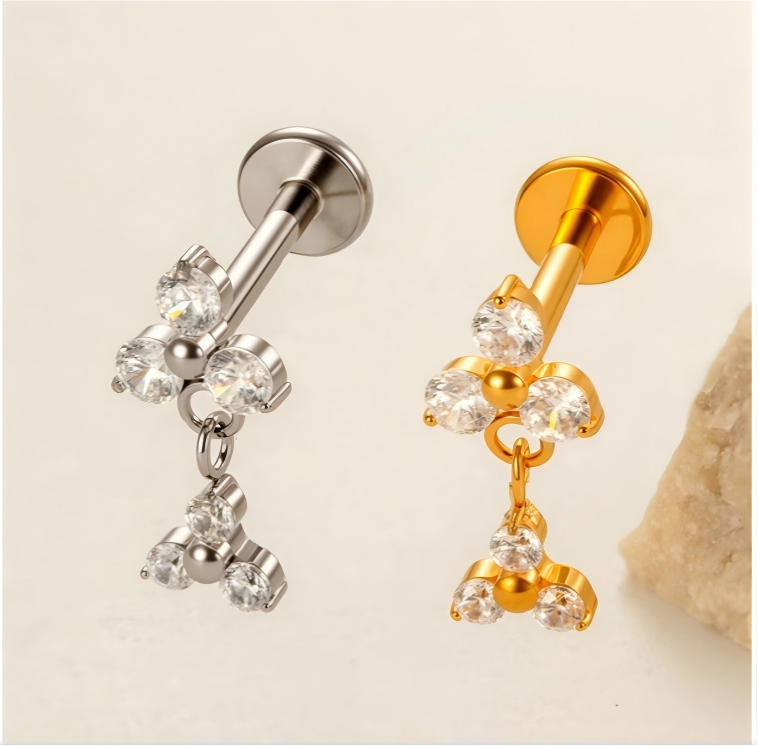 Implant Grade ASTM F136 Titanium Threadless Push Pin Zircon Geometric Flat Back Stud | Helix Cartilage Tragus Lip Piercing Jewelry