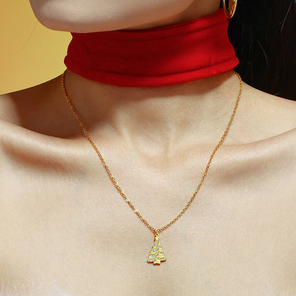 Gold Stainless Steel Christmas Tree Pendant Necklace with Zircon – Elegant Holiday Jewelry Gift