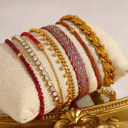 18K Gold Plated Stainless Steel Beaded Layered Bracelet Collection – Crystal, Amethyst & Gold Sandstone Chain Jewelry for Women