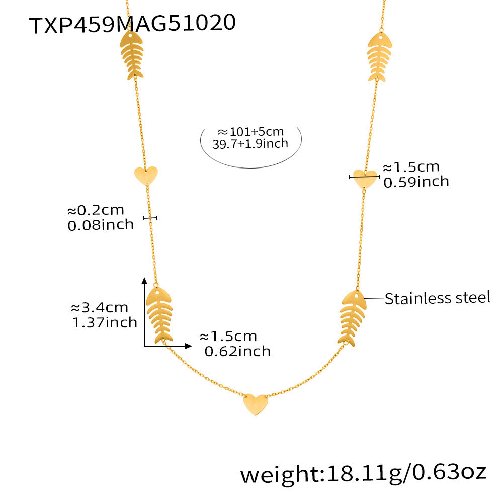 Hollow Fishbone Heart Necklace, Earrings & Ring Set – Long Sweater Chain Jewelry, Fashion Statement Set for Women