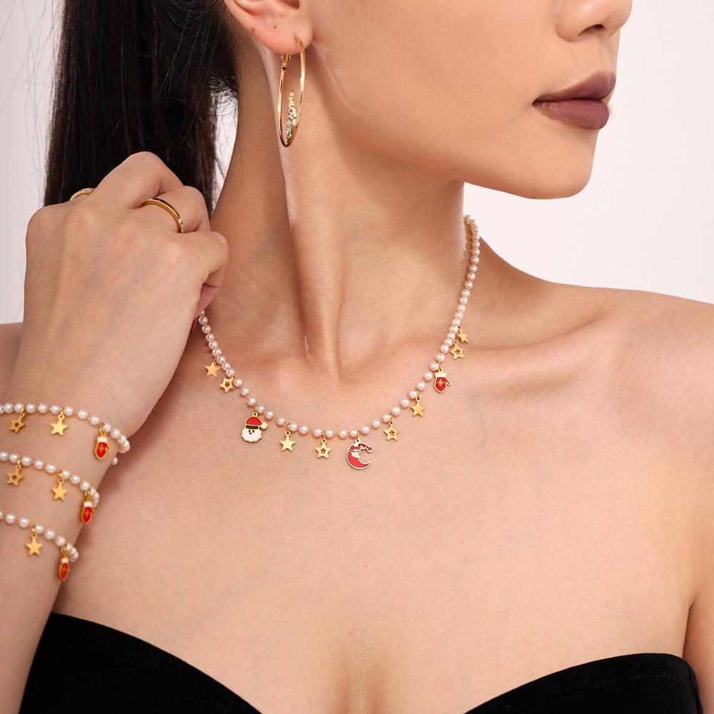 Christmas Santa Hat Star Gloves Pendant Necklace & Bracelet Set – Gold Plated Stainless Steel with Faux Pearl & Enamel