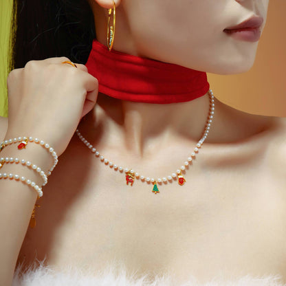 Christmas Tree Reindeer Glove Pendant Imitation Pearl Enamel Necklace & Bracelet Set – Stainless Steel Gold Plated Holiday Jewelry