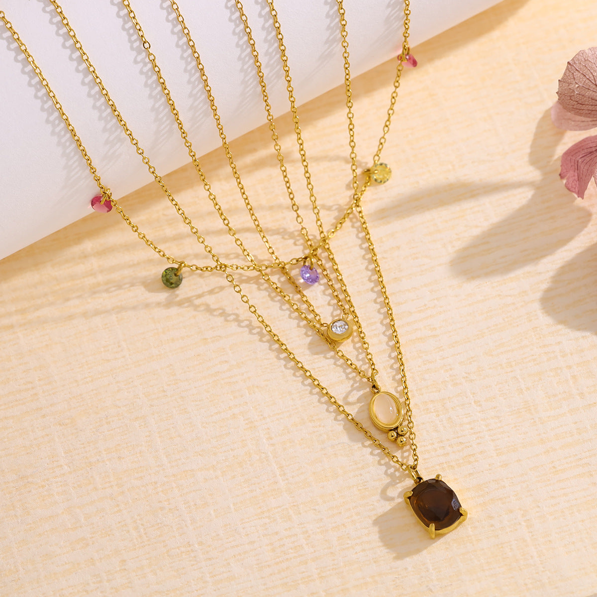 18K Gold Plated Stainless Steel Oval & Round Crystal Pendant Necklace | Colorful Zircon & Rose Quartz Jewelry for Women