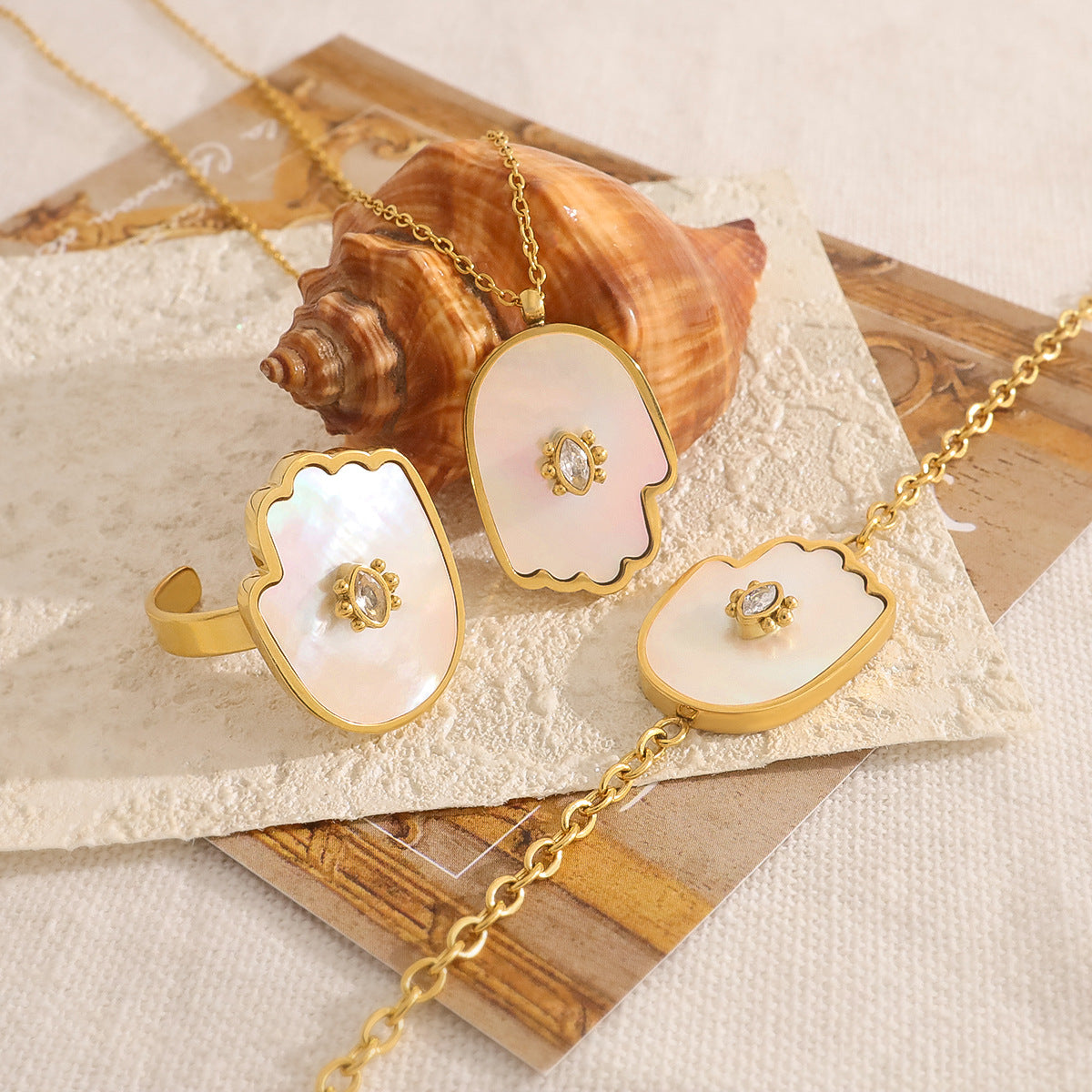 18K Gold Plated Stainless Steel Evil Eye Bracelet & Ring Set – Shell and Crystal Inlay | Fashion Protection Jewelry