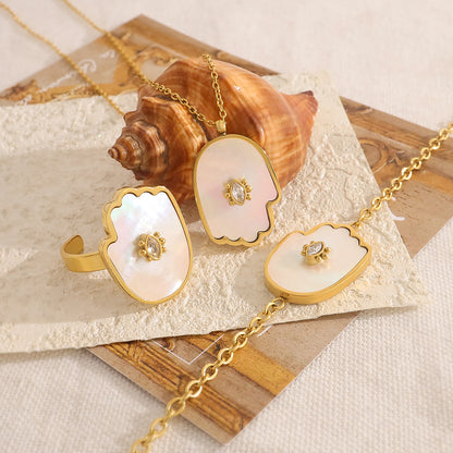 18K Gold Plated Stainless Steel Evil Eye Bracelet & Ring Set – Shell and Crystal Inlay | Fashion Protection Jewelry