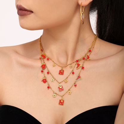 Gold Stainless Steel Garnet Christmas Necklace & Bracelet | Festive Gift Jewelry Set for Women