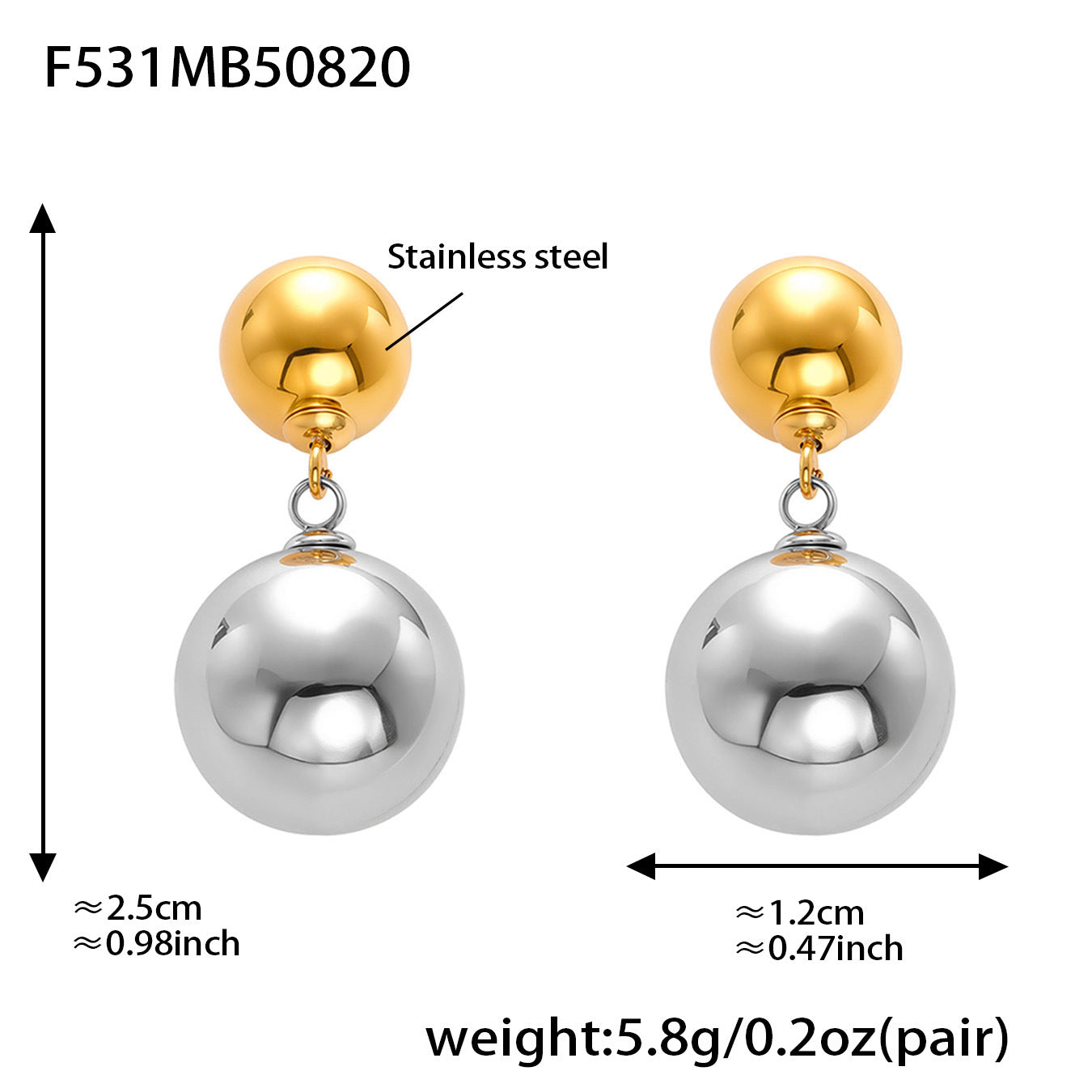Stainless Steel Two-Tone Ball Drop Earrings – Minimalist Modern Dangle Studs | Fashion Jewelry
