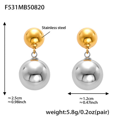 Stainless Steel Two-Tone Ball Drop Earrings – Minimalist Modern Dangle Studs | Fashion Jewelry
