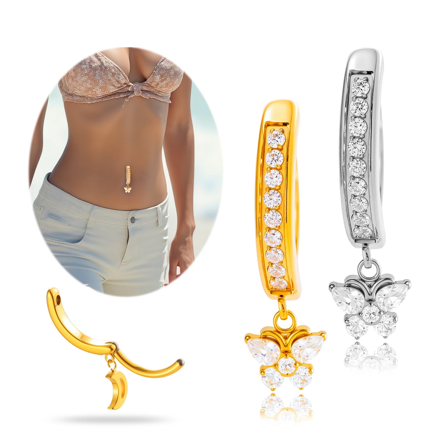 G23/F136 Titanium Butterfly Dangle Navel Ring Belly Button Piercing with Zircon – Fashion Body Jewelry in Gold & Silver