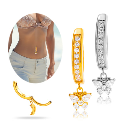 G23/F136 Titanium Butterfly Dangle Navel Ring Belly Button Piercing with Zircon – Fashion Body Jewelry in Gold & Silver