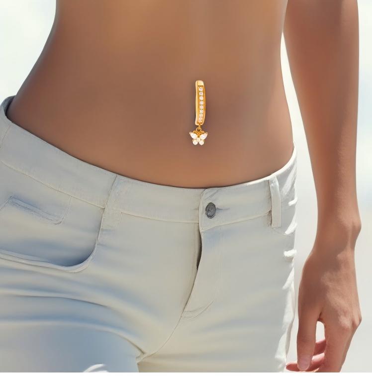 G23/F136 Titanium Butterfly Dangle Navel Ring Belly Button Piercing with Zircon – Fashion Body Jewelry in Gold & Silver