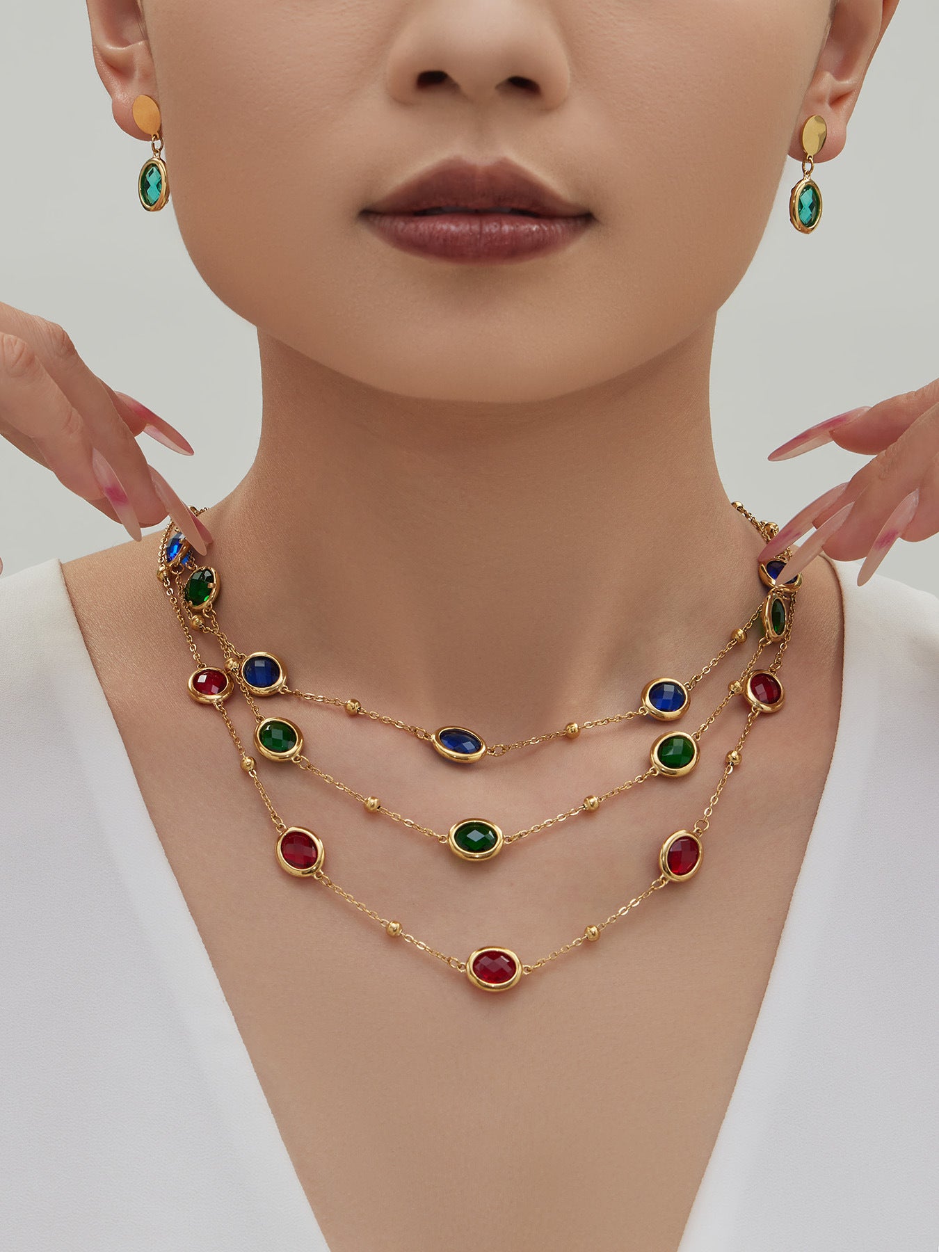 Candy Color Oval Glass Stone Necklace, Bracelet & Earrings Set – Stainless Steel | Fashion Jewelry | Colorful Minimalist Accessories