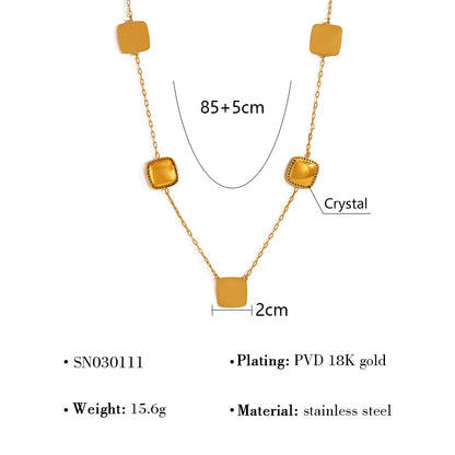 Square Crystal Inlay Long Necklace – 18K Gold-Plated Titanium Steel Jewelry