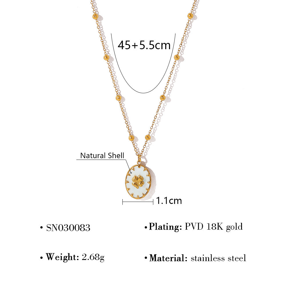 18K Gold Plated Titanium Steel Oval Flower Pendant Double Layer Beaded Necklace | Elegant Fashion Jewelry Set