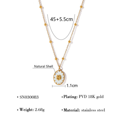 18K Gold Plated Titanium Steel Oval Flower Pendant Double Layer Beaded Necklace | Elegant Fashion Jewelry Set
