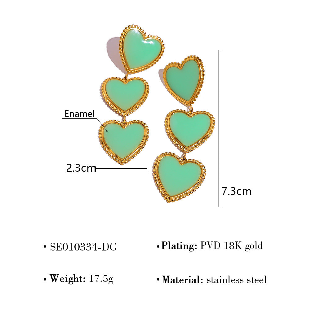 Retro Green Enamel Heart Tassel Drop Earrings – Long Stainless Steel Statement Earrings | WANTI Jewelry