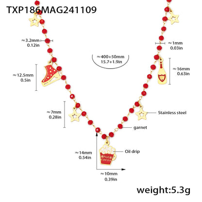 Christmas Ice Skate Star Champagne Pendant Enamel Necklace & Bracelet Set – Gold Plated Stainless Steel Festive Jewelry