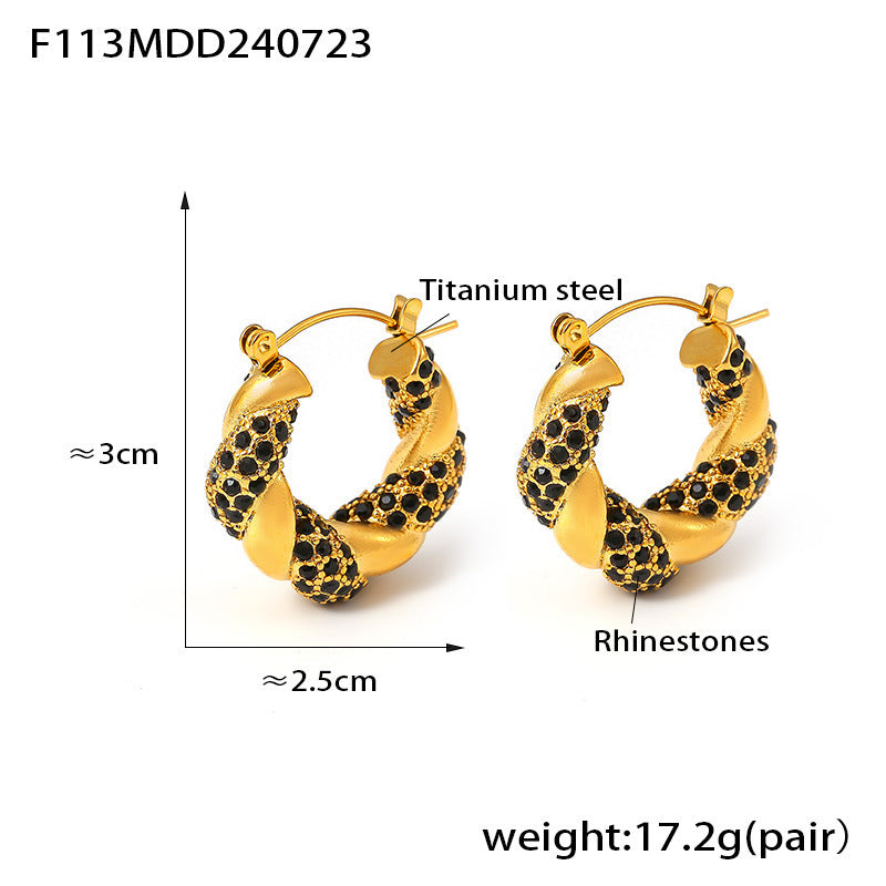 U-Shaped Stainless Steel Twisted Rhinestone Hoop Earrings | Modern Elegant Fashion Jewelry