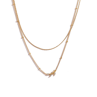 18K Gold Plated Titanium Steel Olive Leaf Pendant Necklace with Double Layered Crystal | Elegant Fashion Jewelry