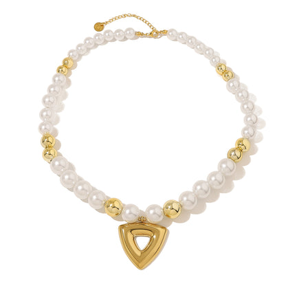 Vintage Pearl Beaded Hollow Triangle Pendant Necklace | 18K Gold & Silver Stainless Steel Elegant Jewelry for Women