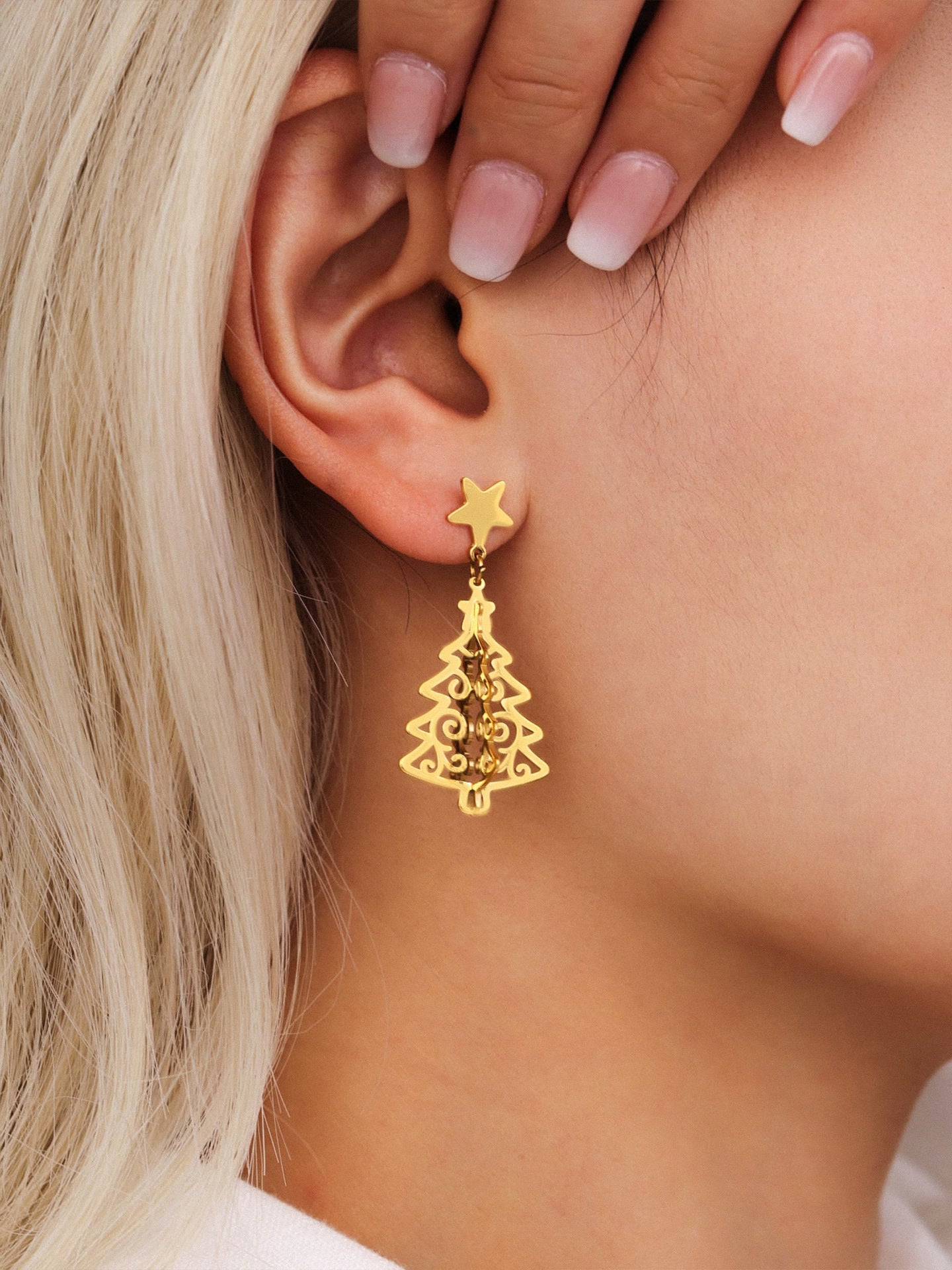 Stainless Steel Hollow Life Tree Drop Earrings – Gold Elegant Statement Dangle Earrings for Women