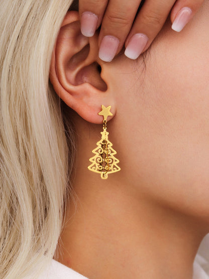 Stainless Steel Hollow Life Tree Drop Earrings – Gold Elegant Statement Dangle Earrings for Women