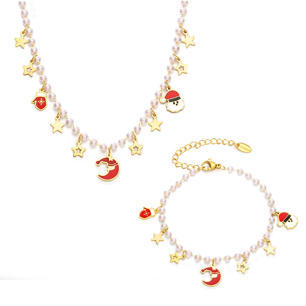 Christmas Santa Hat Star Gloves Pendant Necklace & Bracelet Set – Gold Plated Stainless Steel with Faux Pearl & Enamel