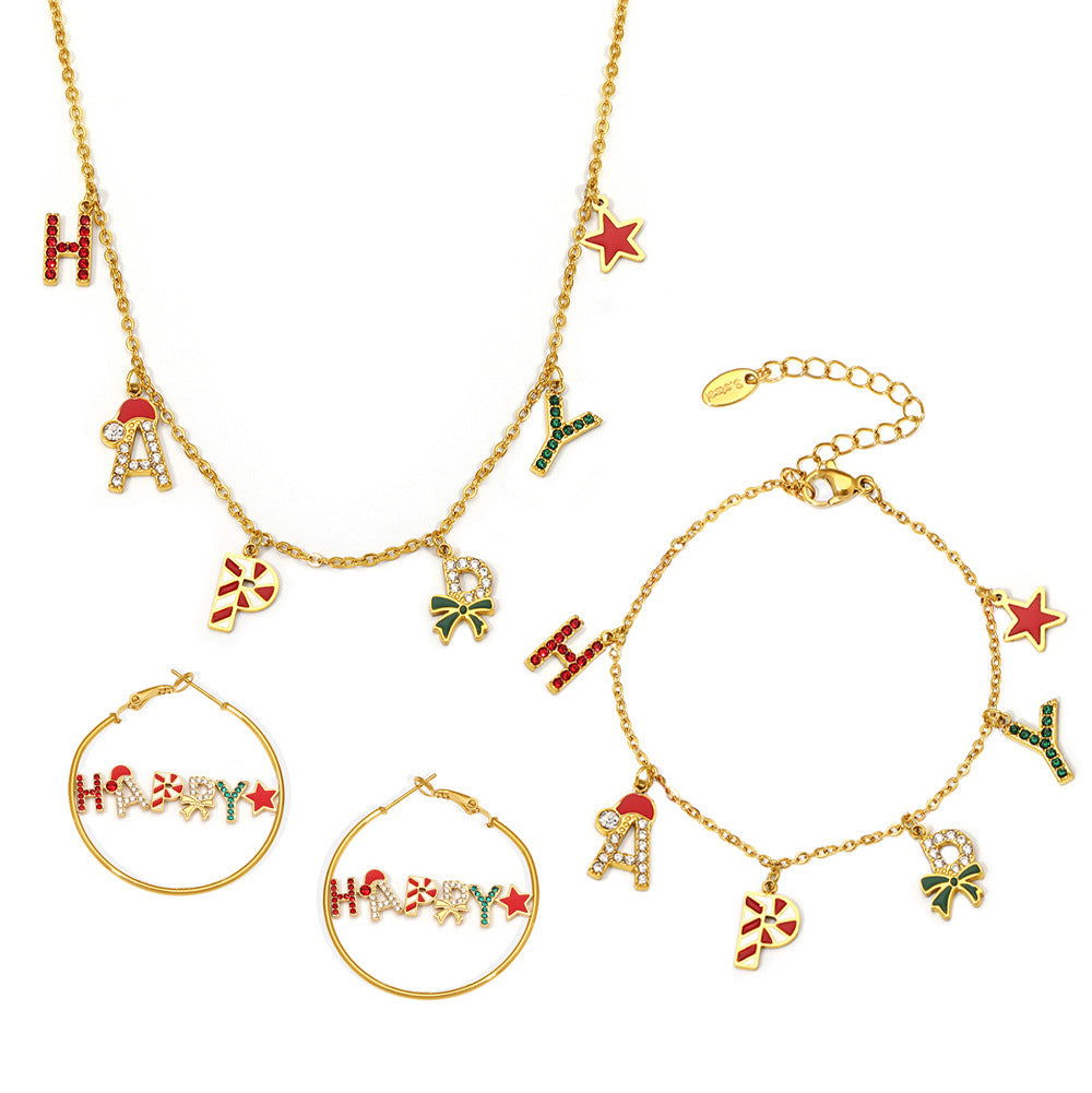 Gold Stainless Steel “HAPPY” Christmas Necklace, Bracelet & Earrings Set | Festive Gift Jewelry for Women