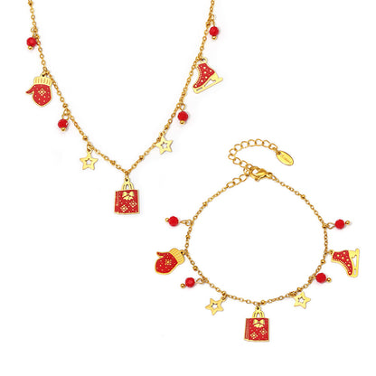 Gold Stainless Steel Garnet Christmas Necklace & Bracelet | Festive Gift Jewelry Set for Women