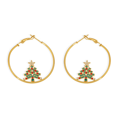 Gold Stainless Steel Christmas Tree Zircon Hoop Earrings | Festive Statement Jewelry for Holiday Style – WANTI Jewelry