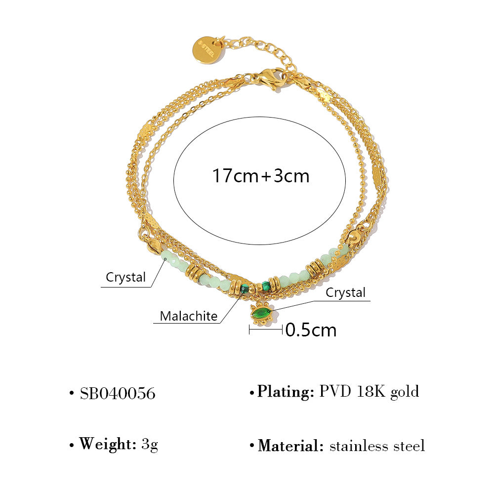 18K Gold Plated Stainless Steel Bohemian Natural Stone Beaded Evil Eye Bracelet | Layered Crystal Charm Bracelet Jewelry