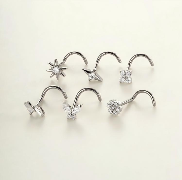 Implant Grade ASTM F136 Titanium Star Lightning Nose Stud S-Bend CZ Nose Stud Nostril Piercing Jewelry Hypoallergenic