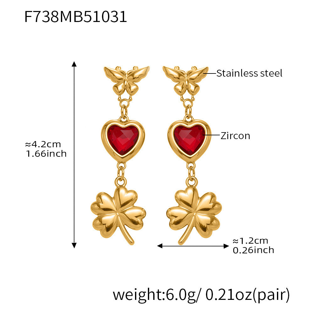 3D Butterfly & Clover Dangle Earrings with Heart Cubic Zirconia | Fashion Drop Earrings Set