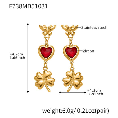 3D Butterfly & Clover Dangle Earrings with Heart Cubic Zirconia | Fashion Drop Earrings Set