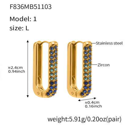 Stainless Steel Long U-Shaped Hoop Earrings with 5A Zircon – Elegant Colorful Statement Fashion Jewelry