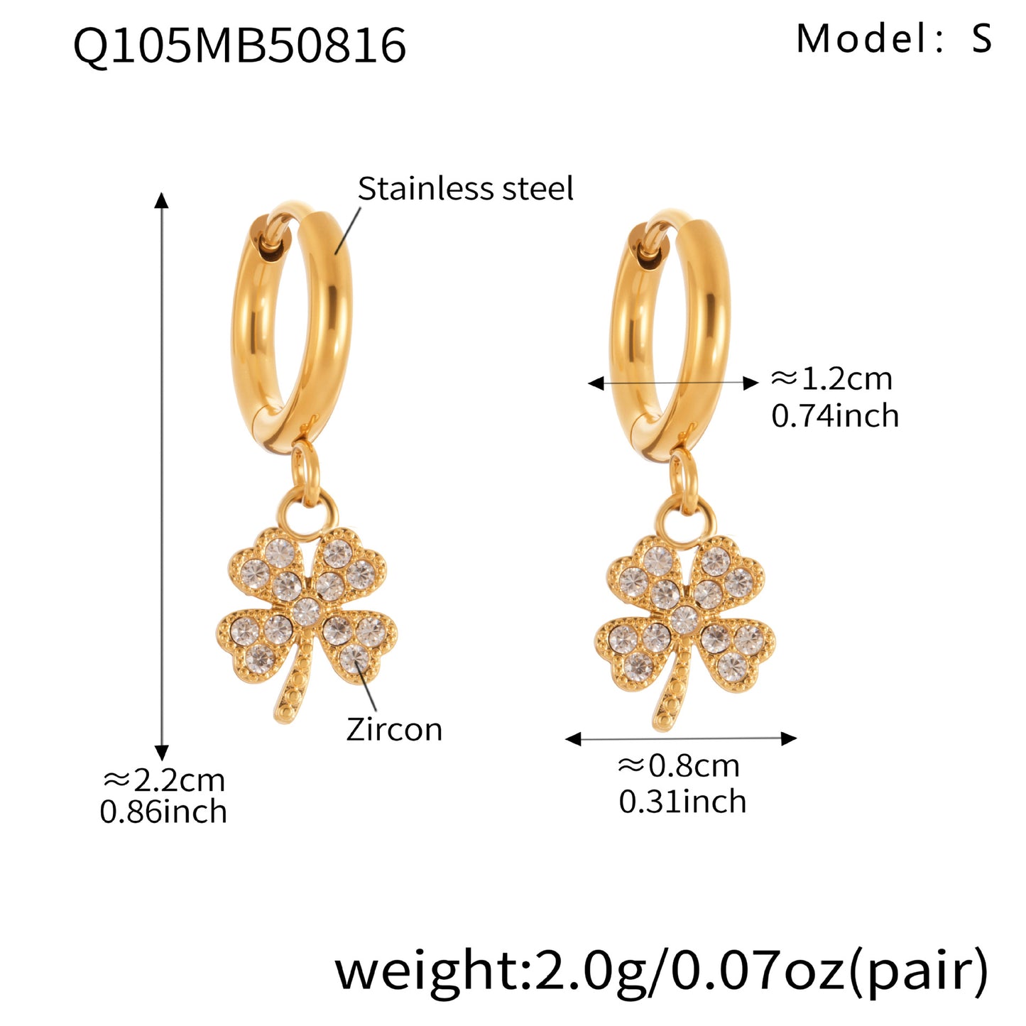 Stainless Steel Zircon Clover Dangle Earrings Set – U-Shaped Hoop Layering Earrings | Lucky Four-Leaf Clover Jewelry Gift for Women