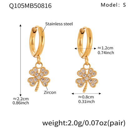 Stainless Steel Zircon Clover Dangle Earrings Set – U-Shaped Hoop Layering Earrings | Lucky Four-Leaf Clover Jewelry Gift for Women