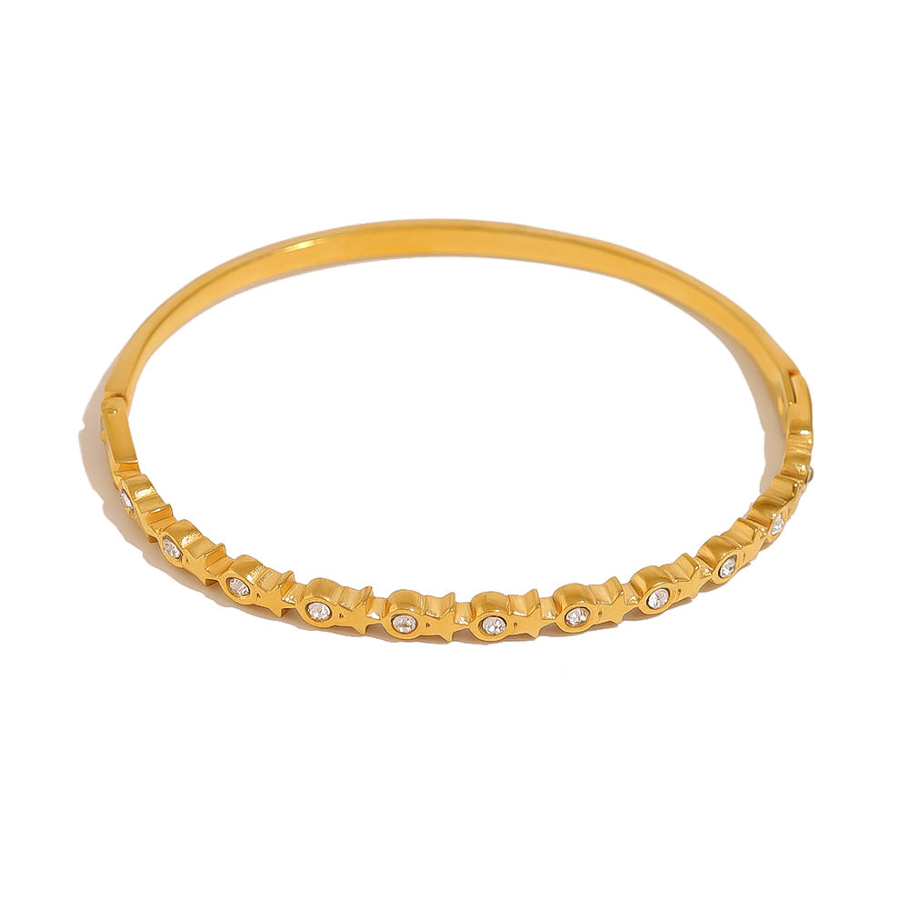 18K Gold Plated Stainless Steel Crystal Heart & Star Bangle Bracelet | Elegant Narrow Edge Cuff Jewelry for Women