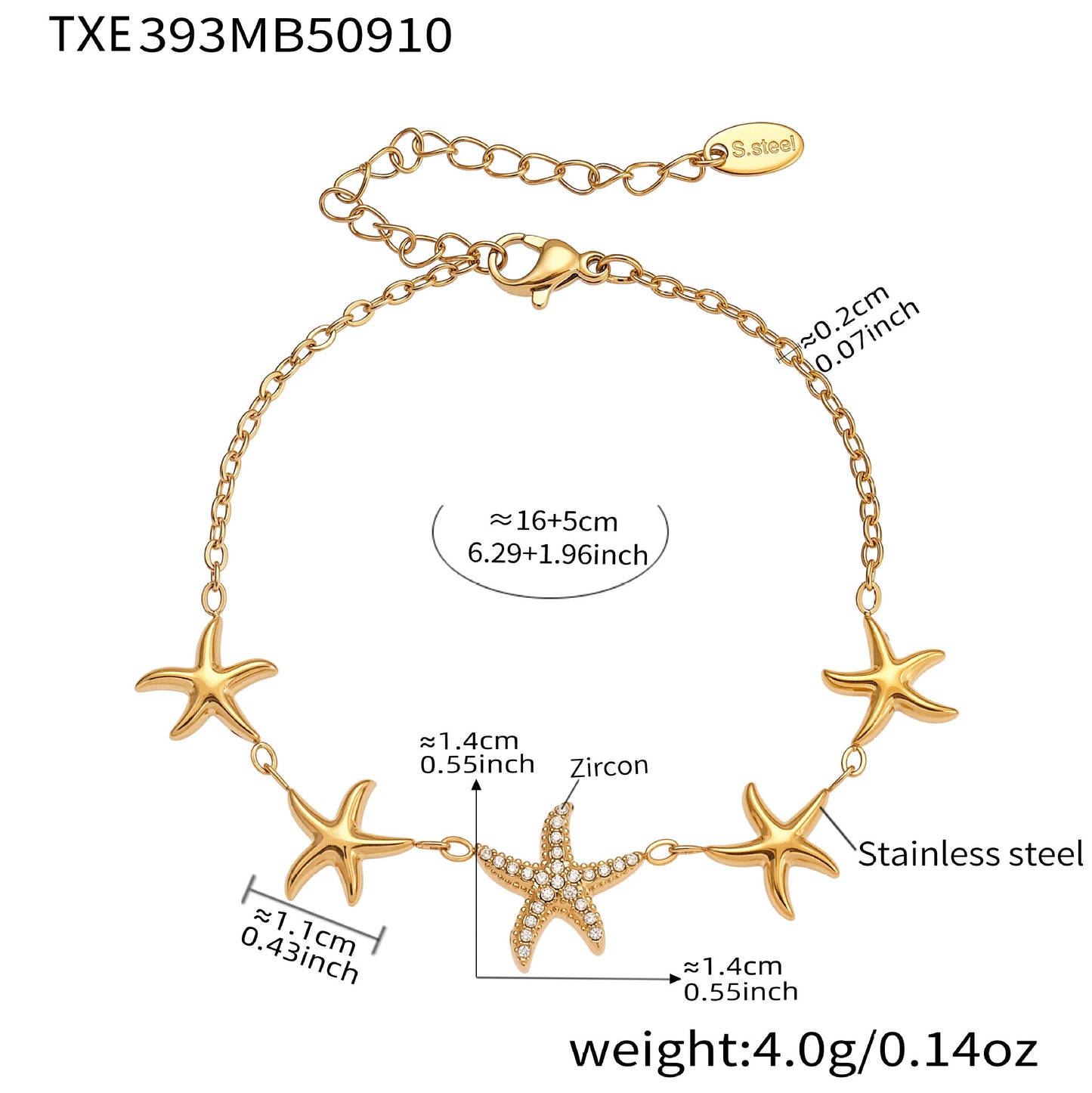 Ocean Star Pendant Necklace, Bracelet, Earrings & Ring Jewelry Set - Gold Stainless Steel