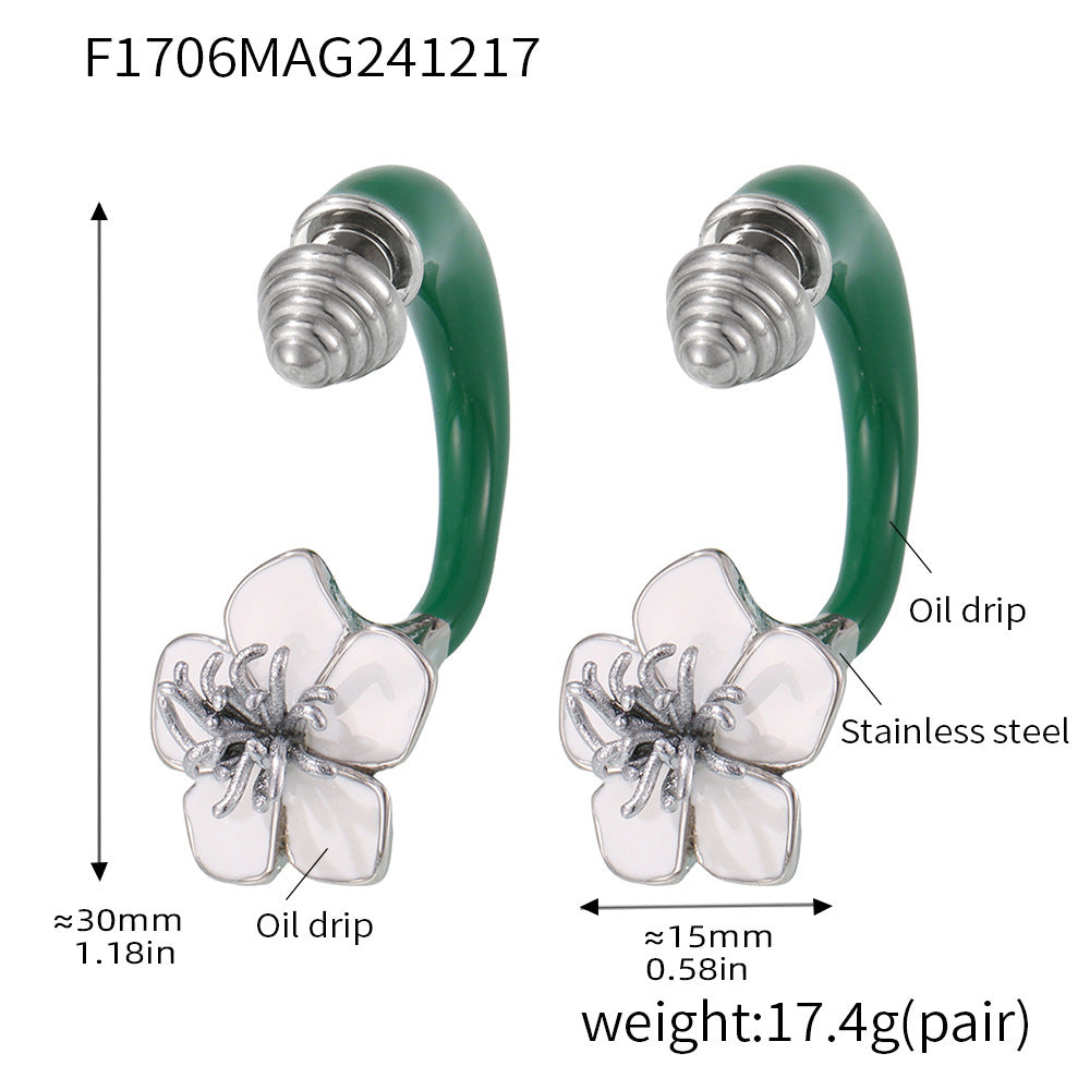 Enamel Camellia Screw Earrings – Elegant Double-Sided Stainless Steel Floral Earrings for Women